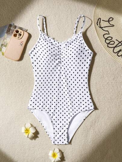 SHEIN Tween Girls Ruffle Splice Front Ruched Black White Polka Dot Printed Bow Deco One-Piece Swimsuit, Elegant Vacation For Summer Beach Wear