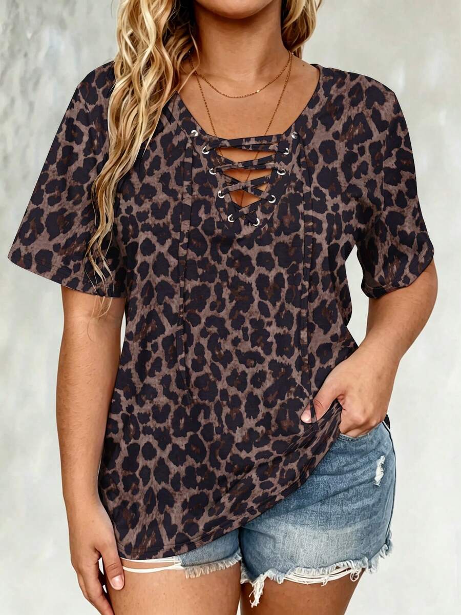 EMERY ROSE Plus Size Leopard Print Drawstring Short Sleeve T-Shirt, Plus Size Tee For Summer - Multicolor - View 1