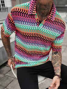 Manfinity Homme 男士夏季休闲度假风V领短袖透气网眼上衣 - 彩色 - 查看 4