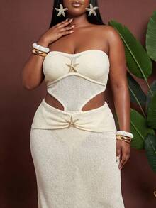 Veslaya Plus Size Women's Metal Starfish Decor Sheer Knit Tube Dress,White,Summer,Beach,Vacation,Holiday,Music Festival,Birthday,Anniversary,Graduation Season - White - View 4