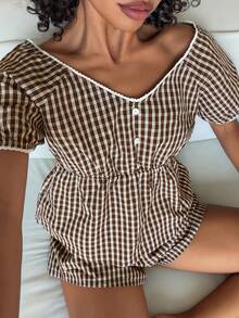 Livesso Women's Vintage Plaid Puff Sleeve Top And Shorts Pajama Set, Summer - Coffee Brown - View 1