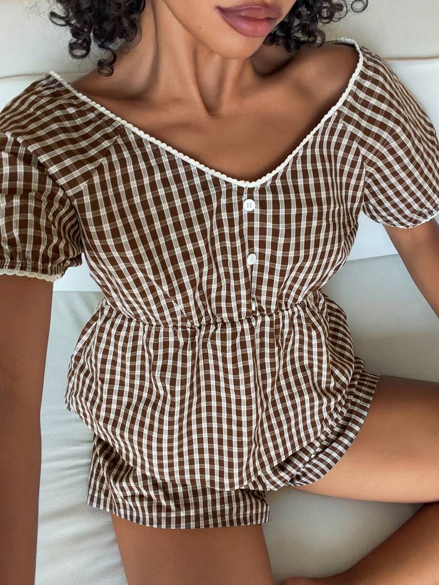 Livesso Women's Vintage Plaid Puff Sleeve Top And Shorts Pajama Set, Summer - Coffee Brown - View 1