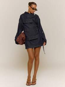 MUSERA Ayemetric Denim Jacke mit Schnallen-Detail, Oversized, Frühling Sommer, Cute Cosy Cottage Core Frühlingstaupunkt - marineblau - Übersicht 2