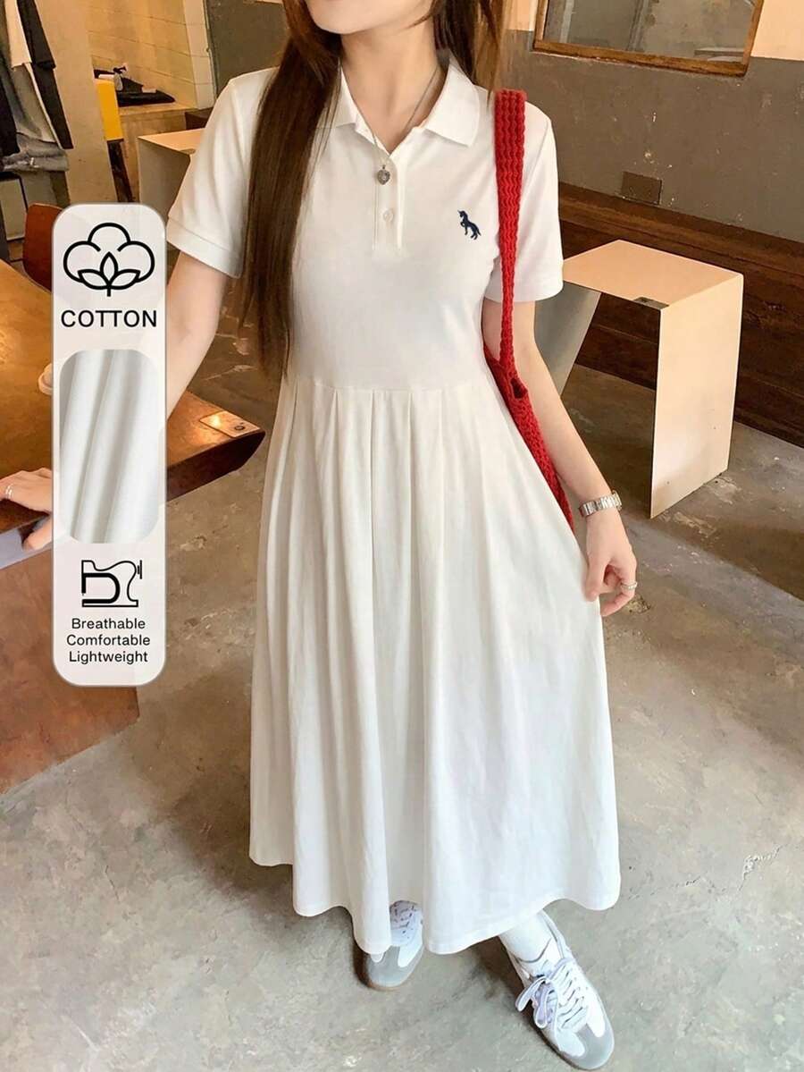 DAZY 女款休閒撞色刺繡百褶中長洋裝,夏季開學日常白色陽光裙 - 白色 - 查看 1