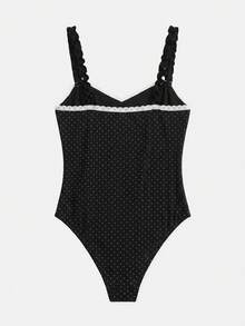 lacRébo Bodysuit Rajut Polkadot Hitam, Garis Leher Berbentuk Hati, Desain Tali Bahu Berkerut, Hiasan Renda, Gaya Vintage Prancis, Cocok Untuk Musim Semi Dan Musim Panas - Hitam - View 9
