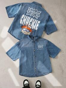 Nick 90s | SHEIN Men's Casual Fashionable Street Daily Commute Funny Cartoon Letter Print Short Sleeve Denim Shirt, Summer - Medium Wash - View 3
