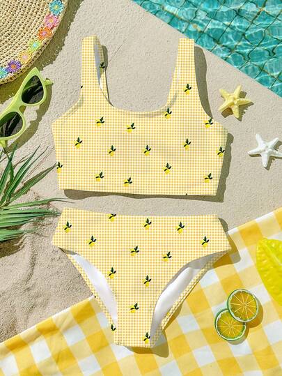 Tween Girl Casual Minimalist Summer New Tropical Fruit Lemon, Retro Yellow & White Plaid, Camisole & Triangle Bikini Swimwear Set, Suitable For Summer Chill Vacation, #Coconutgirl, Chill Chill, Cute, Vacation