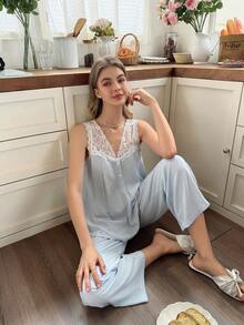 Snug Reverie Blue Lace Patchwork V-Neck Decorative Button Camisole & Loose Pants Pajama Set - Baby Blue - View 6