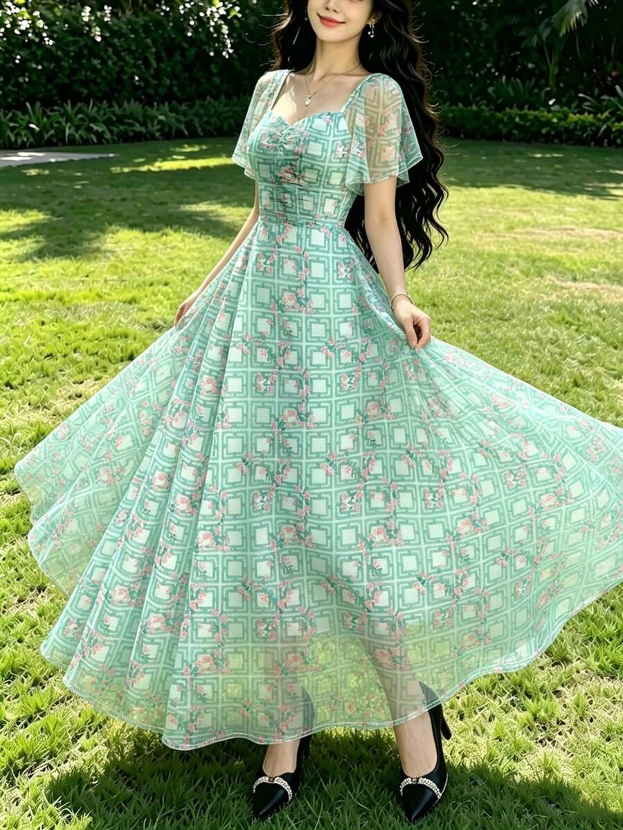 Modelyn 花卉幾何圖案法式風格洋裝,時尚方領飄逸袖設計,夏季收腰長洋裝,優雅淺綠色雪紡洋裝,適合夏季度假與日常穿著 - 彩色 - 查看 1