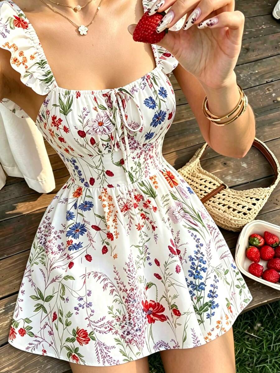 Selianne 新品飄逸袖編織花卉印花抽繩腰優雅年輕女性休閒/度假迷你洋裝 - 彩色 - 查看 1