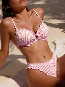Vaytide Bộ đồ bơi bikini đi biển thường ngày SXY-D vải jacquard trơn màu dễ thương có dây buộc có thể điều chỉnh cho nữ - Hồng - Xem 3