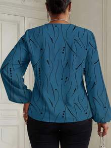 Fleurora Camisa de Manga Longa com Estampa de Bolinhas e Listras, Casual e Plus Size, Adequada para o Outono - Azul Empoeirado - Visão 2