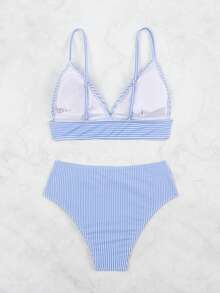 Swim Basics Conjunto de bikini de rayas de cintura alta para playa de verano - Azul y blanco - Ver 2