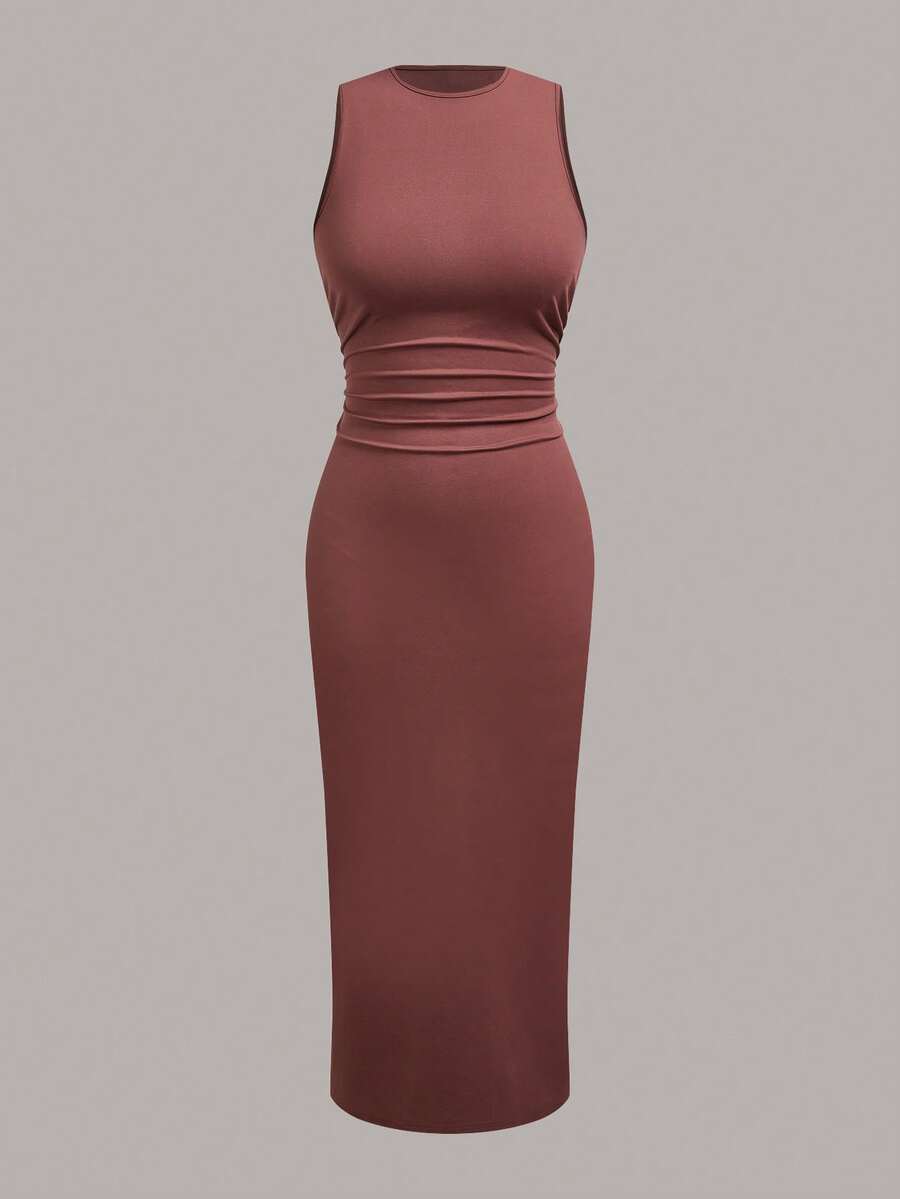 SHEIN EZwear 夏季纯色褶皱腰连衣裙 - 摩卡棕 - 查看 1