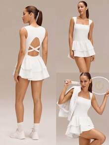 GLOWMODE Game On Buttery-Soft Quick-Dry Removable Cups Built-In Shorts Side Pockets Squareneck Cutout Back Tiered Tennis Dress Golf Pickleball Gym - White - View 9