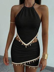 Aloruh Setelan Atasan Wanita Model Halter Neck Camisole dengan Hiasan Kerang dan Rok dengan Hem Asimetris, Pakaian Musim Panas untuk Wanita - Hitam - View 6