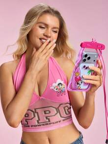 THE POWERPUFF GIRLS X SHEIN 1件裝卡通圖案印花防水觸控螢幕透明水上運動手機防水袋，適合激流泛舟、海灘、游泳、划船、獨木舟、徒步，可保護手機、相機、現金、護照、文件免受水、沙、雪、灰塵侵害，愛心款 - 粉色 - 查看 2