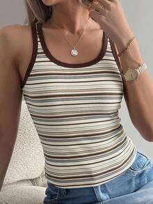 Women's Striped Fitted Camisole Tank Top - White - View 4