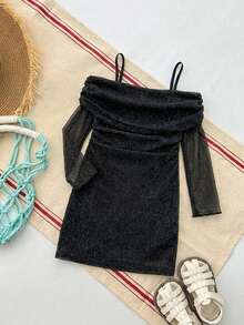 DAZY Young Girl Mesh & Glitter One-Shoulder Wrap Dress, Fall Outfit - Black - View 1