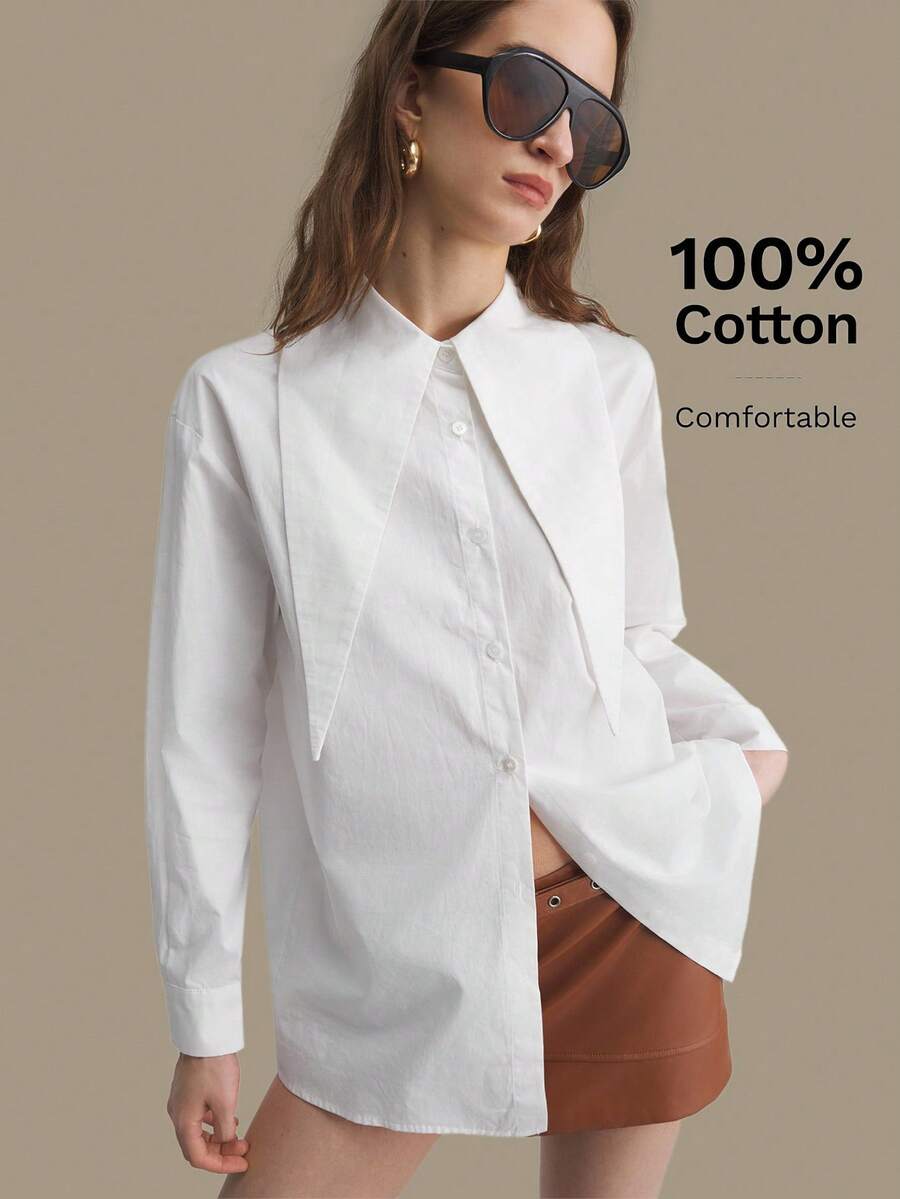 Ontre Áo sơ mi cotton dài tay cổ rộng, đa năng tiện dụng cho nữ mùa Xuân/Hè 2026, kiểu dáng thường ngày cá tính, cổ áo dài nhọn có thể buộc, chất liệu cotton nguyên chất. Áo sơ mi trắng tay dài cổ rộng phong cách thường ngày cá tính, thời trang công sở hiện đại, sang trọng, phù hợp cho người đi làm, đi sân bay, du lịch biển, dự tiệc cưới, trang phục thanh lịch, tối giản sang trọng, đa năng cho mùa lễ hội, thiết kế dáng chữ A cao cấp, sản phẩm thời trang bán chạy nhất. - trắng - Xem 1