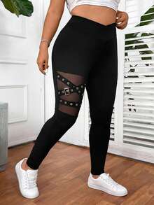SHEIN PETITE CURVE 大码女式纯色基础日常打底裤 - 黑色 - 查看 8
