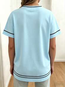 EMERY ROSE Sweet Striped Print T-Shirt For Women,Light Blue Sommar Smart Casual Vacation,Retro Comfortable Versatile Casual Wear For Spring,Summer,Autumn - Baby Blue - View 2