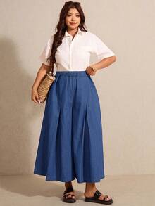 Elaquor Plus Size Solid Color Slant Pocket Elastic Waist Casual Traditional Denim Skorts Brunch Date Night Hiking Blue Autumn - Medium Wash - View 2