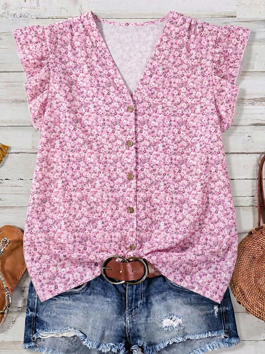 SHEIN Clasi 粉色碎花前襟纽扣荷叶边下摆短袖衬衫 - 淺粉色 - 查看 1