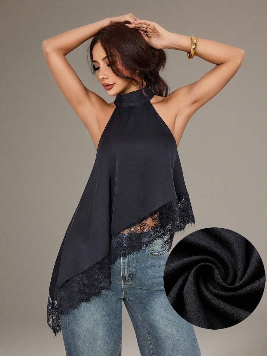 SHEIN PETITE 不對稱高領掛脖蕾絲飾邊無袖上衣,適合晚宴、雞尾酒會、正式場合、優雅風格、假期、婚禮賓客,夏季與秋季適用,小碼女款 - 黑色 - 查看 1