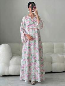Yasmyna Đầm kiểu Ả Rập thanh lịch in hoa toàn thân dành cho nữ - Màu tím - Xem 7