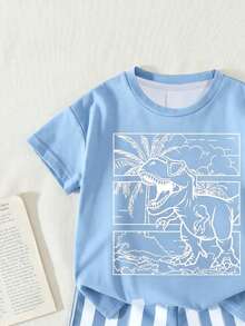 Conjunto de 2 peças para menino, casual, com estampa de dinossauro listrado, camiseta de manga curta com gola redonda e shorts. Ideal para o verão, estilo urbano, uso diário, férias e moda primavera/verão. - Multicolorido - Ver 3