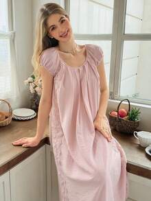 SHEIN Round Neck Ruffle Patchwork Embroidered Lace Trim Short Sleeve Women Nightgown - Pink - View 3