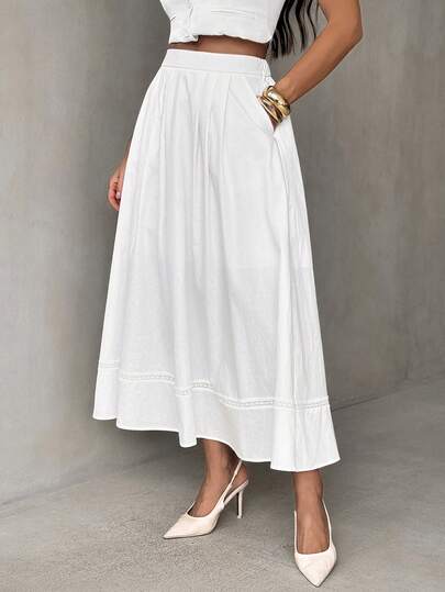 SHEIN Tall Falda de mujer con diseño de dobladillo calado y parches de encaje blanco, versátil para la oficina, ocasiones formales, elegante transporte urbano, uso casual diario, estilo retro romántico de los 90. Adecuada para fiestas, graduaciones, bodas, dama de honor, anfitriona, salidas, eventos sociales, conciertos, actuaciones, desayuno, aeropuerto