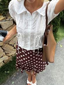 Livesso 女士刺绣前系带短花瓣袖休闲衬衫 - 白色 - 查看 8