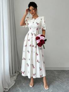 Modelyn Petite Women's Apricot Woven Digital Printed Cinched Waist A-Line Dress, Elegant & Romantic, Summer Dresses Summer Holiday Outfits  Floral Dress - Multicolor - View 9