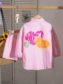 SHEIN 3件套女童梭织条纹泡泡袖宽松休闲衬衫+纯色针织背心+梭织条纹短裤套装 - 彩色 - 查看 3