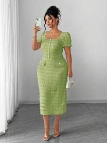 Elenzga Plus Size Women's New Elegant Square Neck Short Sleeve Textured Knit Midi Bodycon Dress - Green - View 1
