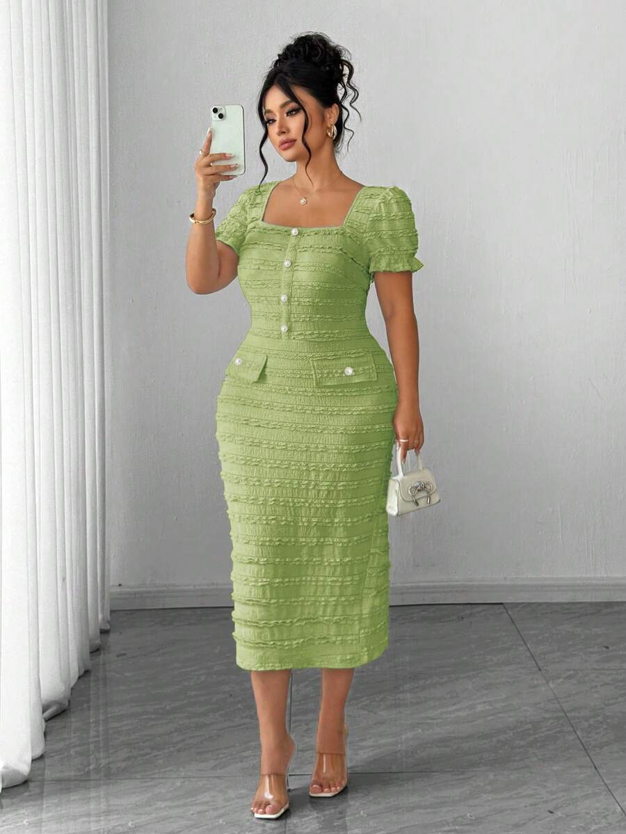 Elenzga Plus Size Women's New Elegant Square Neck Short Sleeve Textured Knit Midi Bodycon Dress - Green - View 1