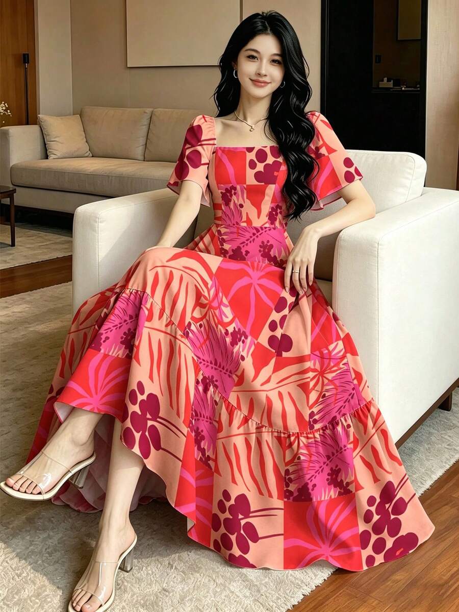 Modelyn 玳瑁竹子花卉图案法式印花连衣裙,女士时尚方领短袖连衣裙,荷叶边拼接下摆设计,玫瑰红与卡其色撞色连衣裙,夏季度假风波西米亚连衣裙 - 彩色 - 查看 1