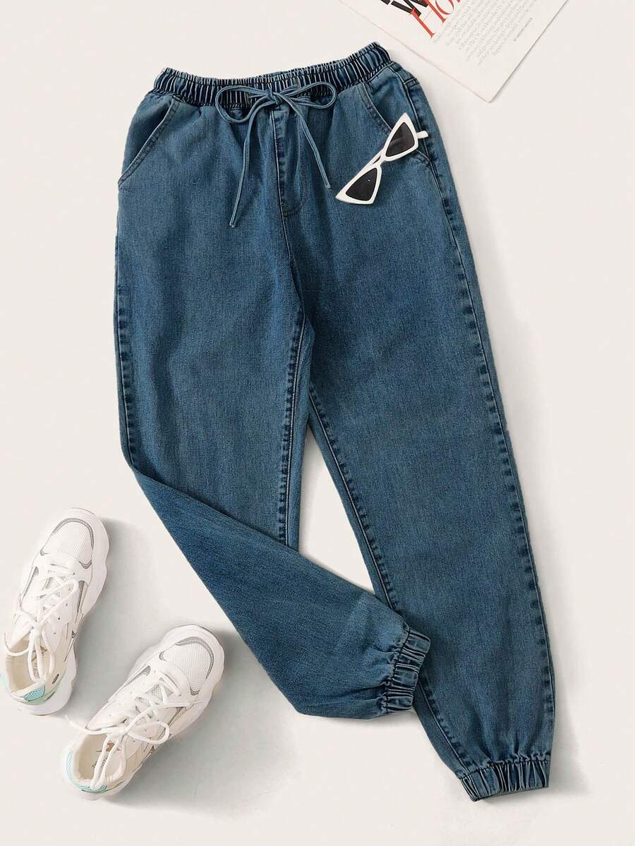 SHEIN EZwear 女士系带口袋休闲牛仔裤 - 藍色 - 查看 1