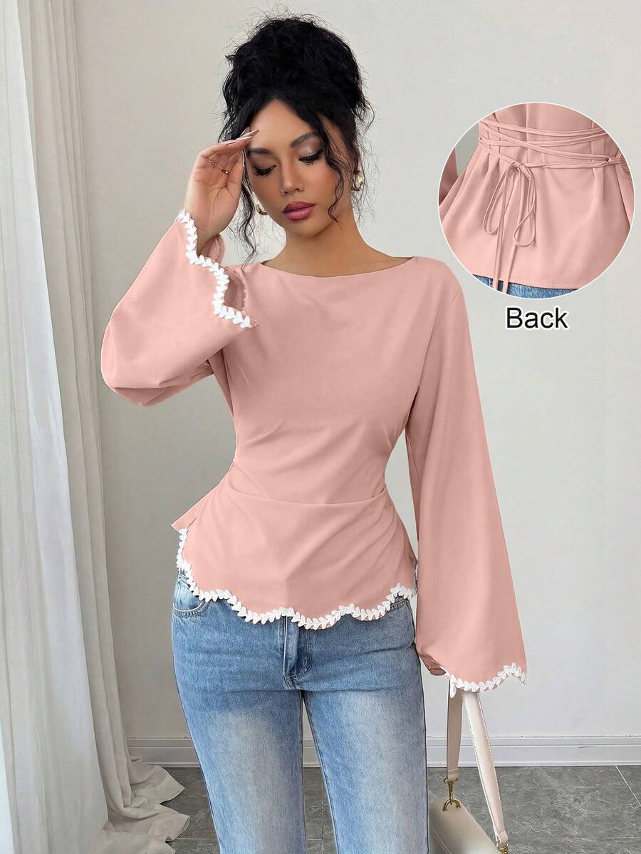 Elenzga 1 buah Blus Wanita Musim Semi/Panas Motif Hati Bergelombang dengan Hiasan Tenun dan Pinggang Berkerut - Redwood - View 1