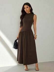 SHEIN PETITE Đầm không tay màu trơn thanh lịch dành cho nữ, thích hợp cho mùa hè. - màu nâu - Xem 2