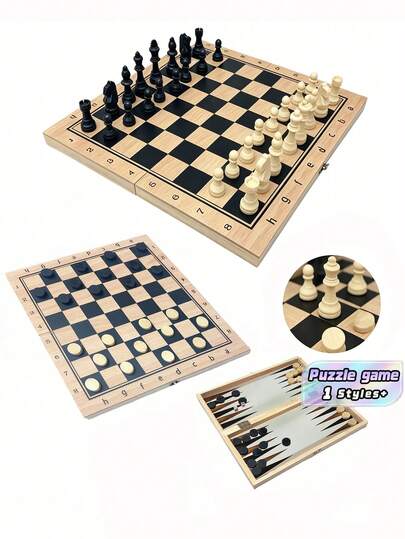1 块可翻转木制棋盘，适用于国际象棋、跳棋和井字游戏 - 24 个互锁木制跳棋和 32 个标准国际象棋棋子 - 适合 14 岁至成人，适用于家庭趣味棋盘游戏、国际象棋、国际象棋棋盘、木制棋盘游戏、国际象棋木棋、拼字游戏板情人节