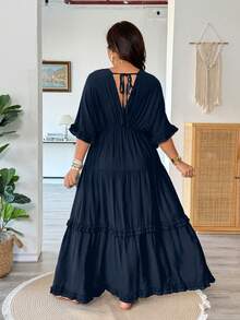 Vionelle Plus Size Solid Color Romantic Ruffle Trim Regular Dress, Spring/Summer Vacation Navy Blue - Navy Blue - View 2