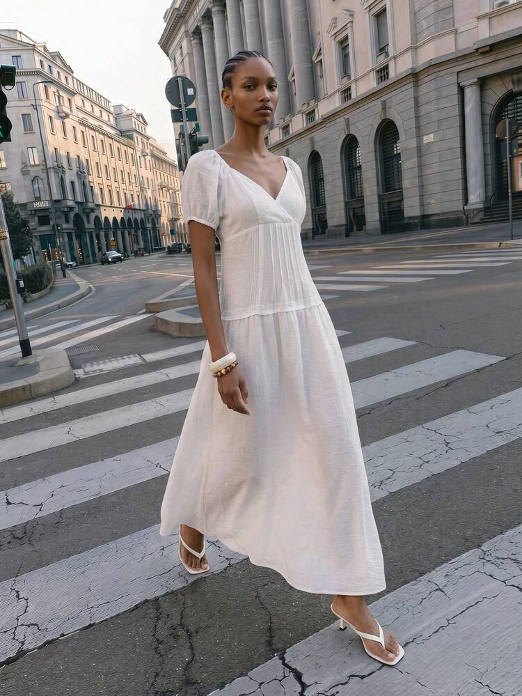 SHEIN Maija Women's White Sweetheart Neck Petal Sleeve Elegant Modest Summer Dress,Vacation Beach Outfit,Graduation Holiday Vacation Dresses