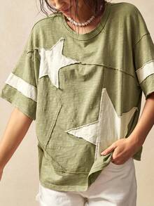 Bohemela Plus Size Women Summer Casual Fashionable Street Daily Commute Contrast Color Star Patch Loose T-Shirt - Army Green - View 4