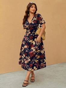 Elaquor Plus Size Casual Vacation Elegant V-Neck Cinched Waist Dress - Multicolor - View 3