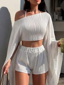 Sirith Spring/Summer New Colorful Knit Loose Off-Shoulder Sexy Long Sleeve Cardigan & Shorts Bikini Set Women's Swimwear - White - View 4