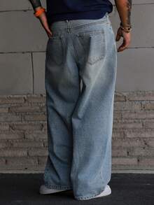 DAZY Men's Solid Blue Washed Vintage Style Denim Jeans, Suitable For Spring And Autumn - Blue - View 2