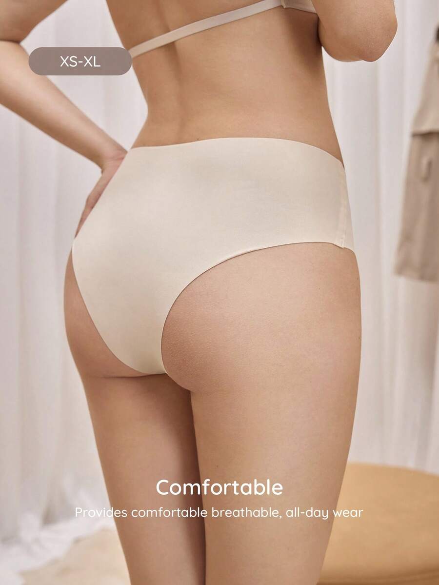 Bralution 1pc Solid Color Skin-Tone Seamless High-Waist Comfortable Minimalist Everyday Invisible Panty - Apricot - View 1